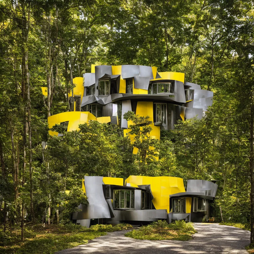 Image similar to a house in a light forest clearing, designed by Frank Gehry. Tiles. Gravel pathway with parking. Film grain, cinematic, yellow hue