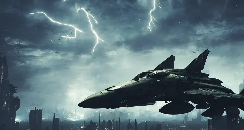 Image similar to sci-fi warplane in a cyberpunk medieval gothic dark-ages city, rich contrast, sci-fi warplanes in the lightning-storm sky, feeling of grimdark and gothic horror, explosions and fire, hyperrealistic, octane render, unreal engine, Cryengine 8k UHD