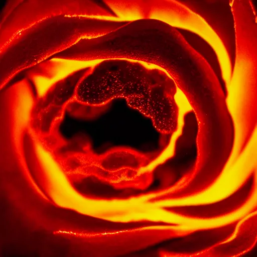 Image similar to award - winning macro of a beautiful magma rose made of glowing molten lava, inner glow, magma texture