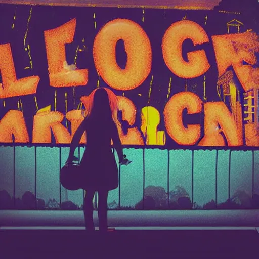 Prompt: a girl holding a balloon at a fairground. buildings with graffiti. silhouette. photograph illustration in the style of simon stalenhag