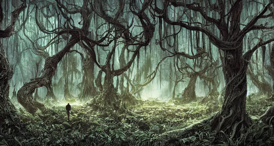 Image similar to A dense and dark enchanted forest with a swamp, by Android jones,