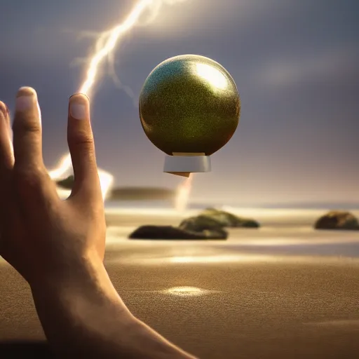 Image similar to a hand holding a crystal ball, in the crystal ball there are two frog warriors sitting on the beach, cinematic lightning, 8 k, octane render, matte painting, trending artstation