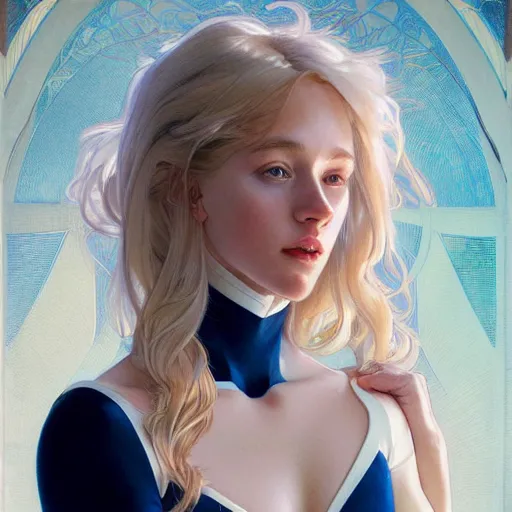 Prompt: a beautiful portrait of a beautiful cute young superhero woman, blonde hair, tight solid matte navy - blue lycra bodysuit, white cape, intricate, elegant, 8 k, highly detailed, digital painting, concept art, smooth, sharp focus, illustration, by artgerm greg rutkowski alphonse mucha loish wlop