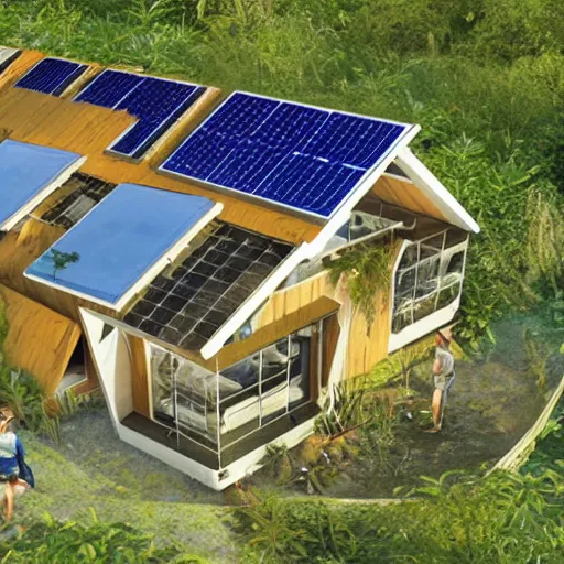 Image similar to eco village, solarpunk embodies an optimism towards the future that our society needs with solarroofs, solarpunk style