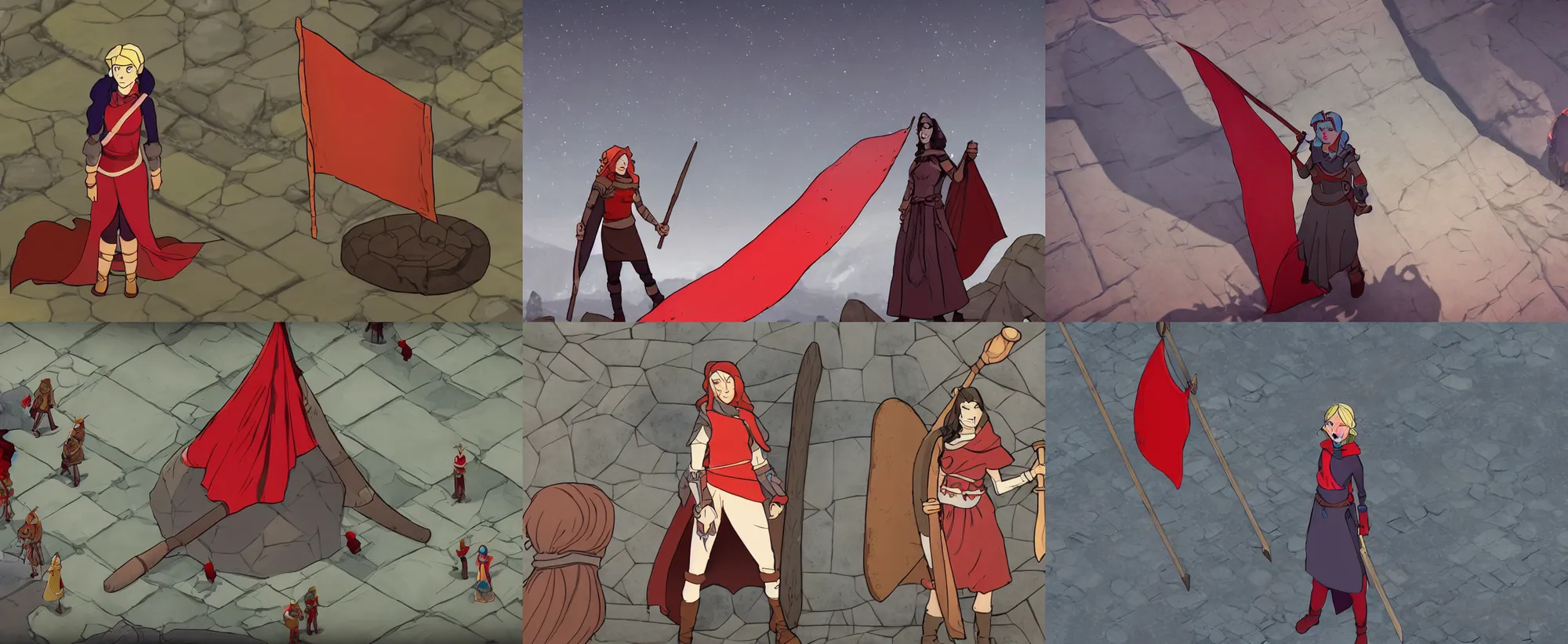 Prompt: Alette from Banner Saga standing in front of giant a rune stone, holding a red banner, epic, clean, melancholic, perfect face