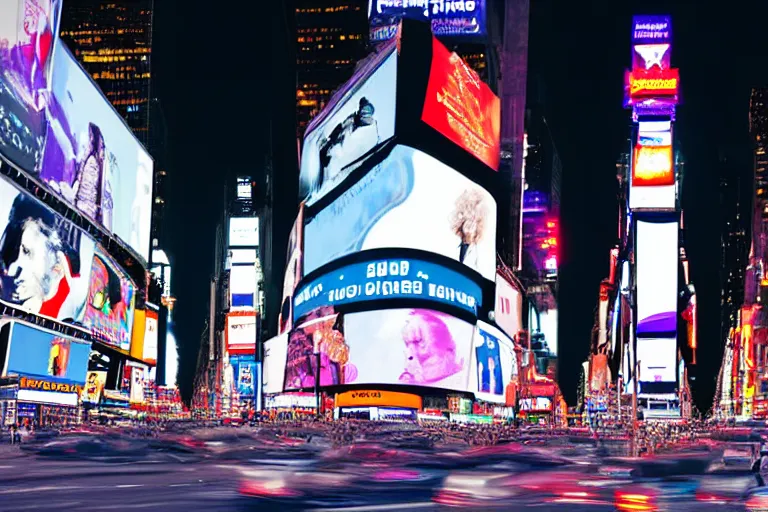 Prompt: a detailed photograph depicting times square at night. a giant digital billboard shows a heroic portrait of a proud blonde woman in her 6 0's. sci fi, neon lighting, futuristic.