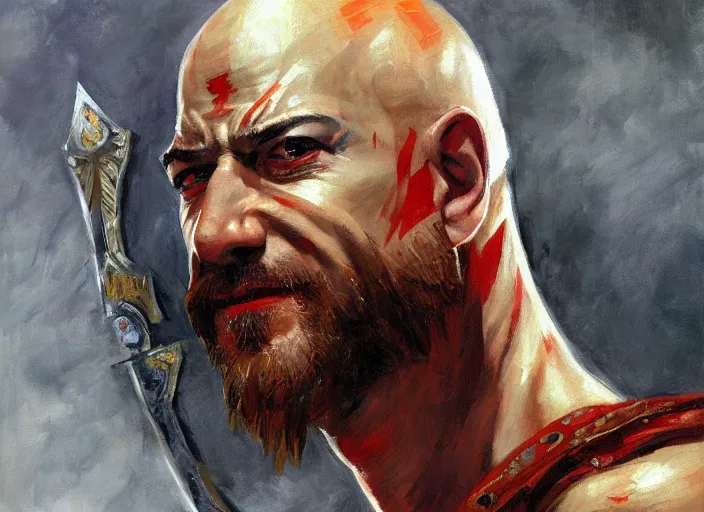 Image similar to a highly detailed beautiful portrait of jeff bezos as kratos, by gregory manchess, james gurney, james jean