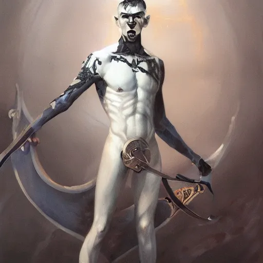 Image similar to fantasy painting of a pale man with a black blade covered in runes, painted by Bayard Wu, ultra detailed, 8k