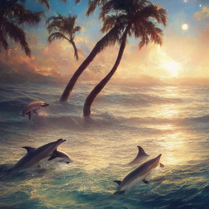 Image similar to dolphins swimming, golden hour, god rays, dreamscape by artgerm and ruan jia and ismail inceoglu and greg olsen, cosmos, milky way galaxy, masterpiece, beautiful, intricate, elegant, highly detailed, palm trees