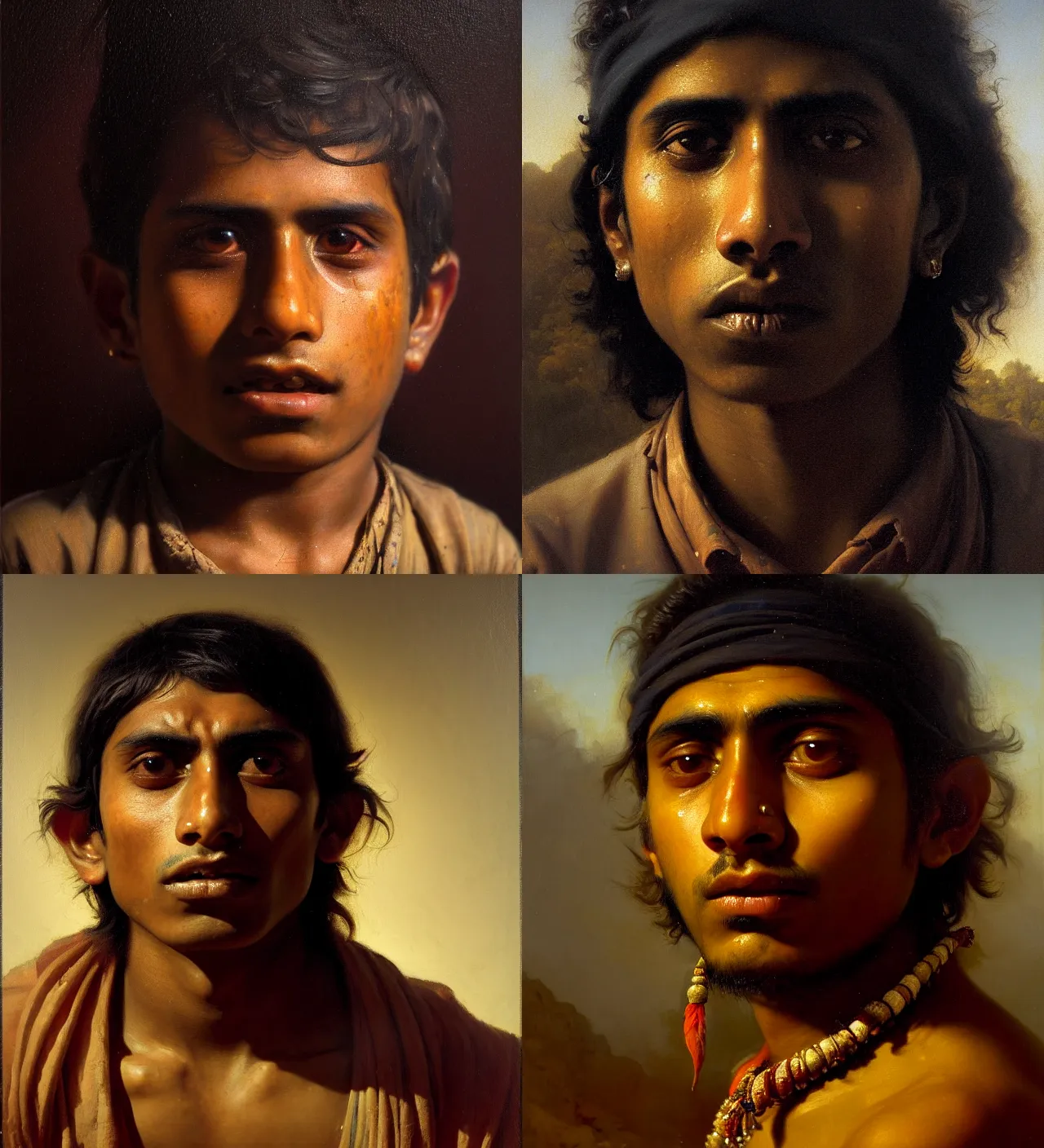 Prompt: a beautiful cinematic masterpiece classical headshot closeup portrait of a stoner indian boy, stoned, tripping, centered, head only, by willem claesz. heda, by ralph mcquarrie, by tim hildebrandt, by greg rutkowski, oil on canvas, ornate, suburban, brilliant lighting, smoke, chiaroscuro, detailed, no frames, 8 k