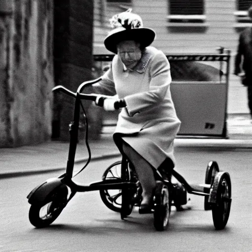 Image similar to queen elizabeth riding a tiny tricycle through a street riot, bokeh, high contrast, low angle