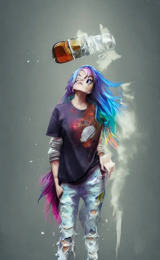 Image similar to a grungy woman with rainbow hair, drunk, holding bottle, soft eyes and narrow chin, dainty figure, long hair straight down, torn kawaii shirt and baggy jeans, basic white background, In style of by Jordan Grimmer and greg rutkowski, crisp lines and color,