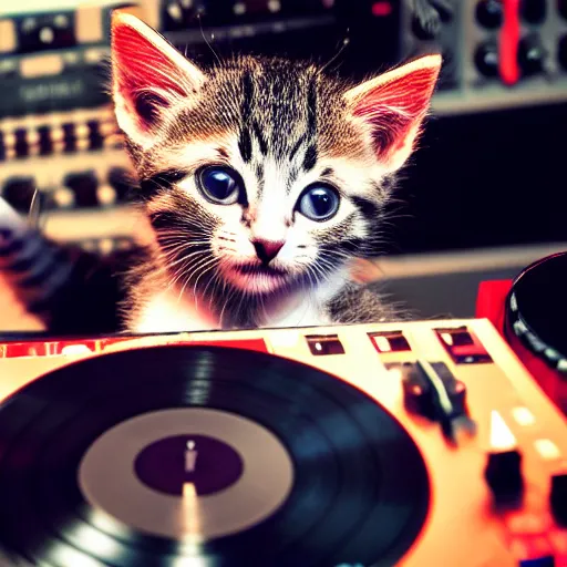 Prompt: a photo of a kitten DJing at a disco, cat, music, DJ, vinyl, headphones, dance