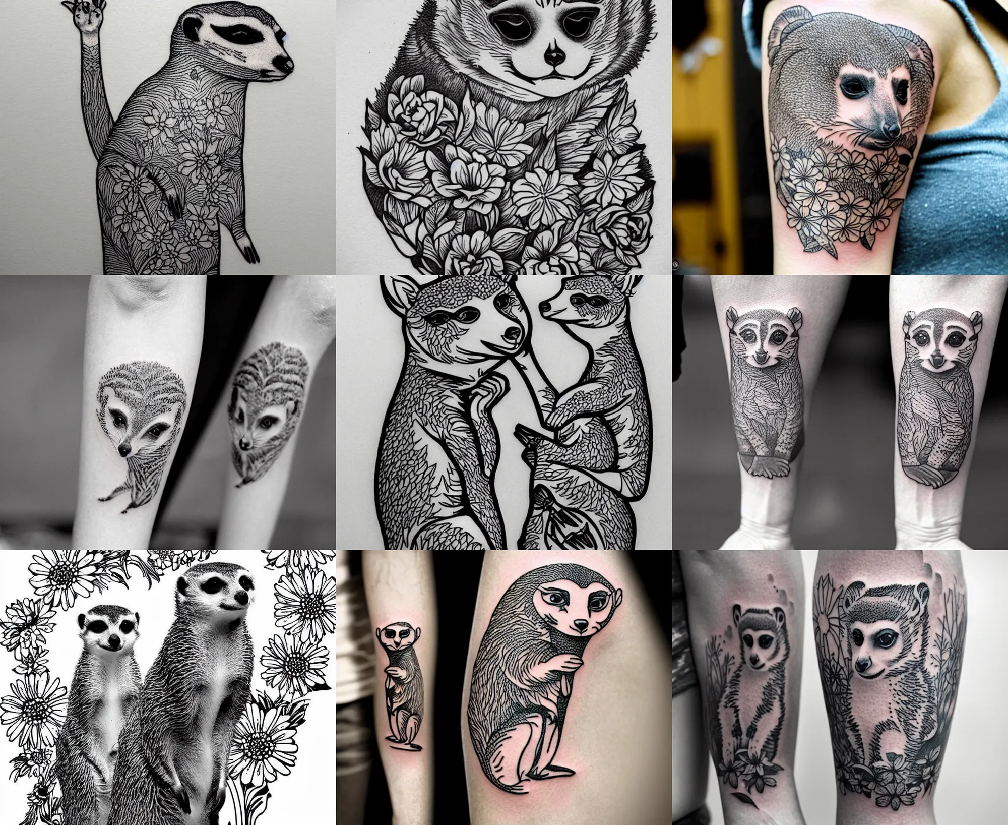 Image similar to detailed amazing tattoo stencil of a meerkcat standing flowers