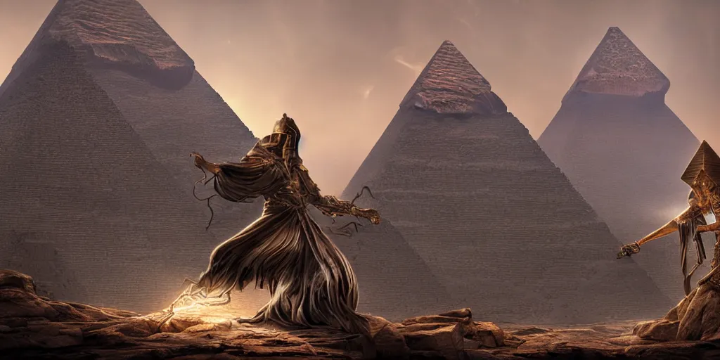 Prompt: Photorealistic epic intricate detailed dark wizard with arms outstretched, casting spells in front of an ominous Egyptian pyramid. a gentle rising mist, an epic rocky landscape. Art Nouveau, occult photorealism, UHD, amazing depth, glowing, golden ratio, 3D octane cycle unreal engine 5, volumetric lighting, cinematic lighting, cgstation artstation concept art