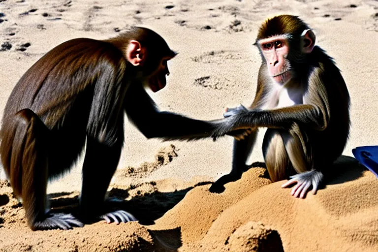 Image similar to a monkey touching a completed sand castle