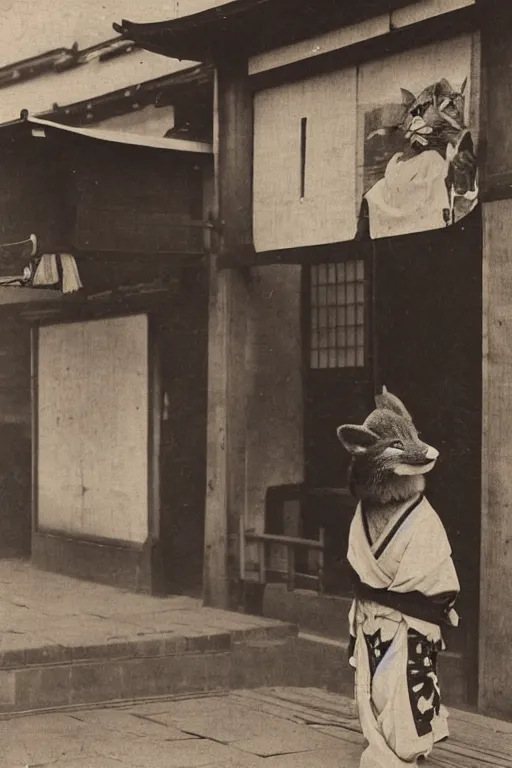 Image similar to 1 8 th century japanese street market in kyoto, 1 9 0 0 s photography, portrait anthro anthropomorphic fox head animal person fursona wearing clothes street trader