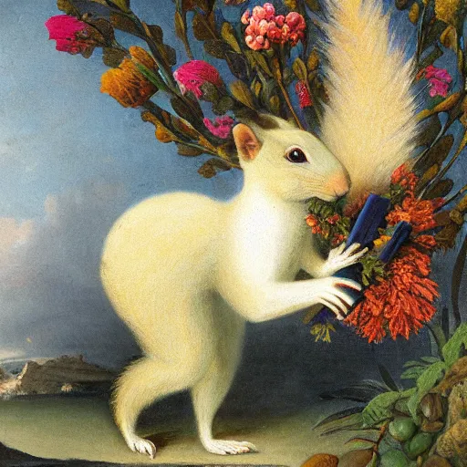 Image similar to a giant fluffy squirrel carrying napoleon bonaparte on its back, beach scene, flowers and foliage, detailed oil painting