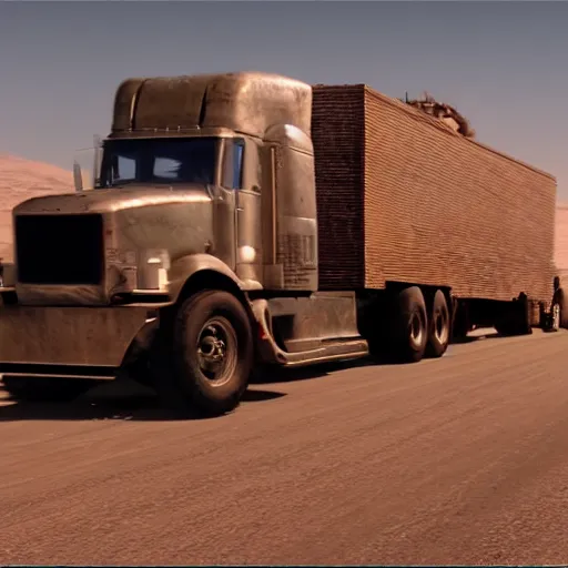 Image similar to t 6 6 0 tractor trailer truck in mad max : fury road, midday light, dust storm,