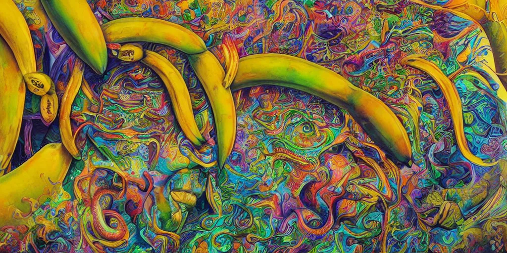 Image similar to banana hat, acrylic on canvas, realism movement, breathtaking detailed, by android jones, alex grey, chris dyer, and aaron brooks, photorealistic