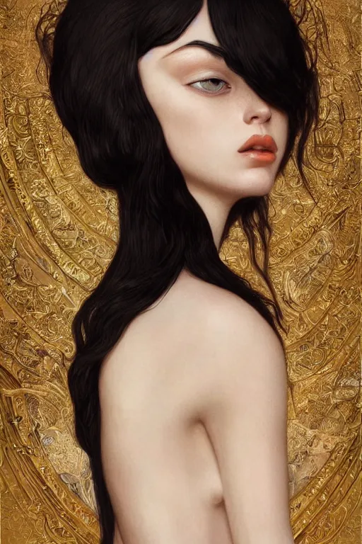 Prompt: beautiful model with long black hair wearing epic haute couture by Alexander McQueen, extremely beautiful and proportionate face, in the aesthetic of mert and marcus, masterpiece, intricate, elegant wardrobe, highly detailed, digital painting, artstation, concept art, smooth, sharp focus, illustration, art by artgerm and james jean and greg rutkowski and alphonse mucha