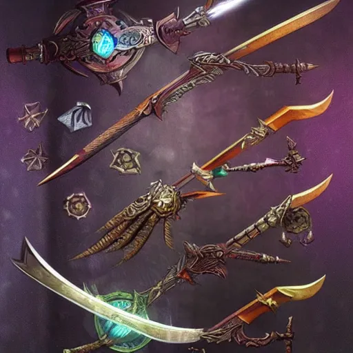 Image similar to fantasy weapons, D&D, magical, real, dramatic, beautiful