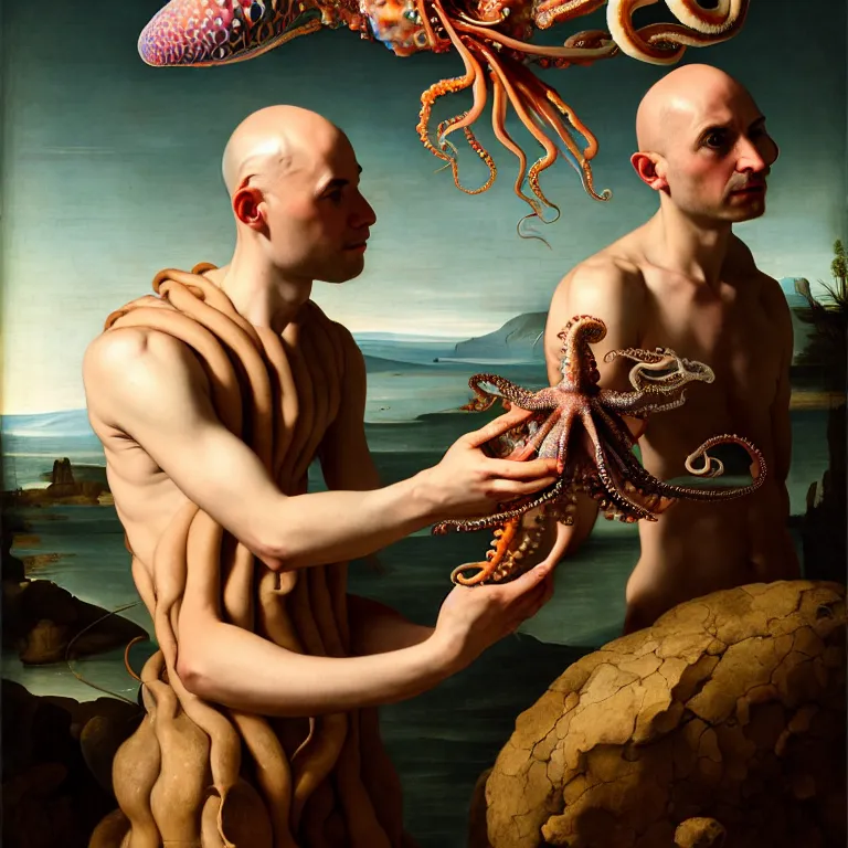 Image similar to young bald man wearing exoskeleton, standing in a shell, holding a squid, octopus, sea in the background, beautiful baroque portrait painting, psychedelic, trippy, hallucination, dream, beautiful detailed intricate insanely detailed octane render trending on Artstation, 8K artistic photography, photorealistic, chiaroscuro, Raphael, Caravaggio