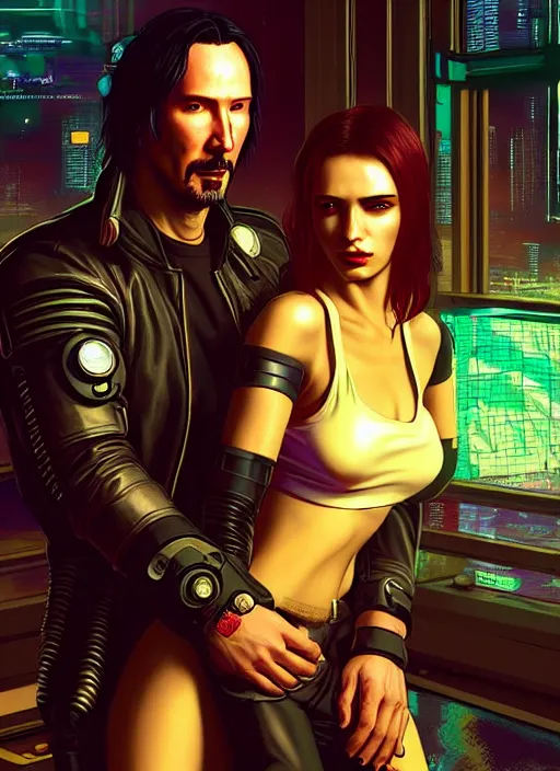 Image similar to a cyberpunk 2077 couple portrait of Keanu Reeves&female android in kiss,love,film lighting,by Laurie Greasley,Lawrence Alma-Tadema,Dan Mumford,artstation,deviantart,FAN ART,full of color,Digital painting,face enhance,highly detailed,8K,octane,golden ratio,cinematic lighting