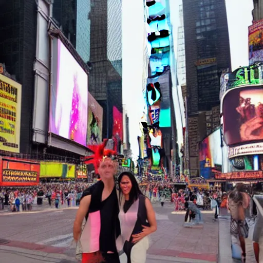 Prompt: adam and eve in times square with a snake overhead