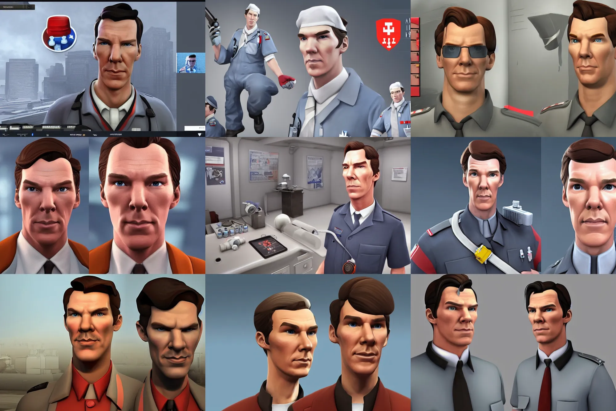 Prompt: a screenshot of benedict cumberbatch as the medic in the video game team fortress 2. 3 d rendering. unreal engine. amazing likeness. very detailed. cartoon caricature.