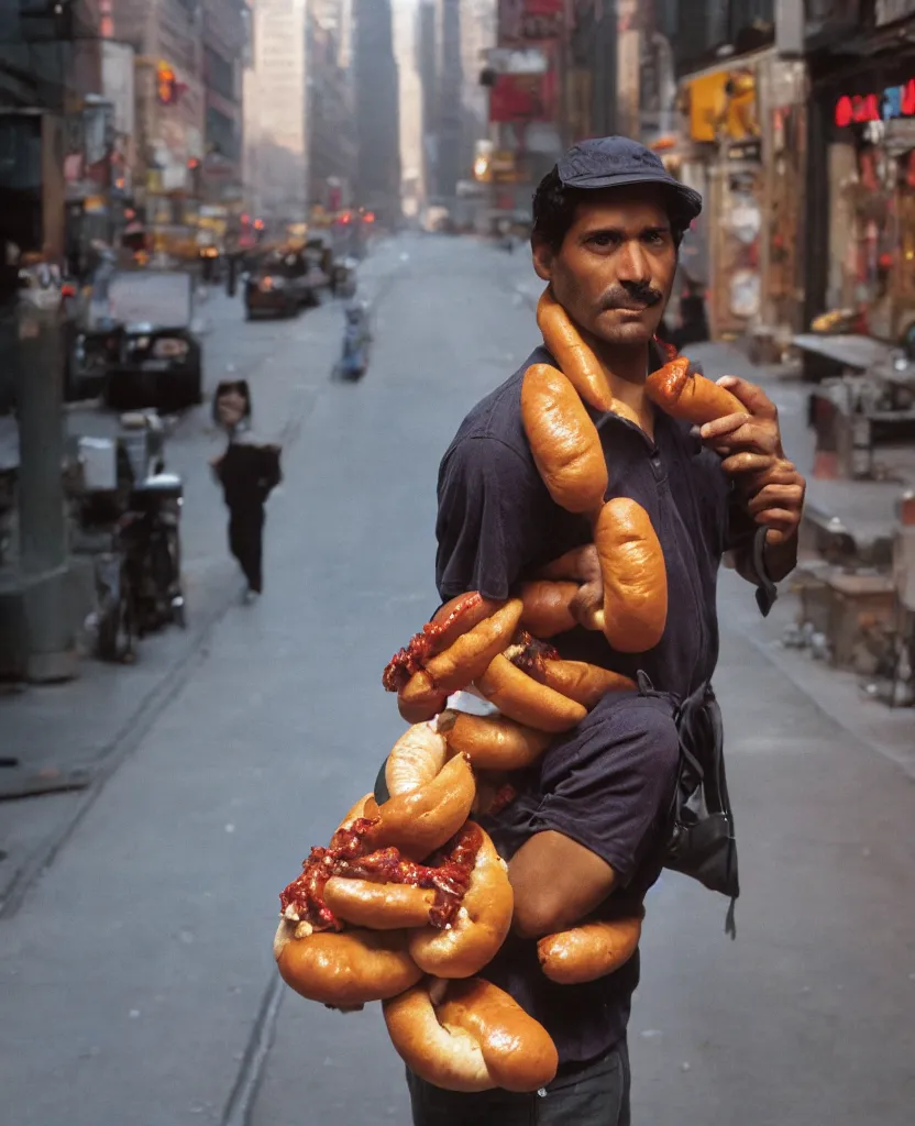 Image similar to closeup portrait of a man carrying a giant hotdog on his shoulder in a smoky new york back street, by Annie Leibovitz and Steve McCurry, natural light, detailed face, CANON Eos C300, ƒ1.8, 35mm, 8K, medium-format print