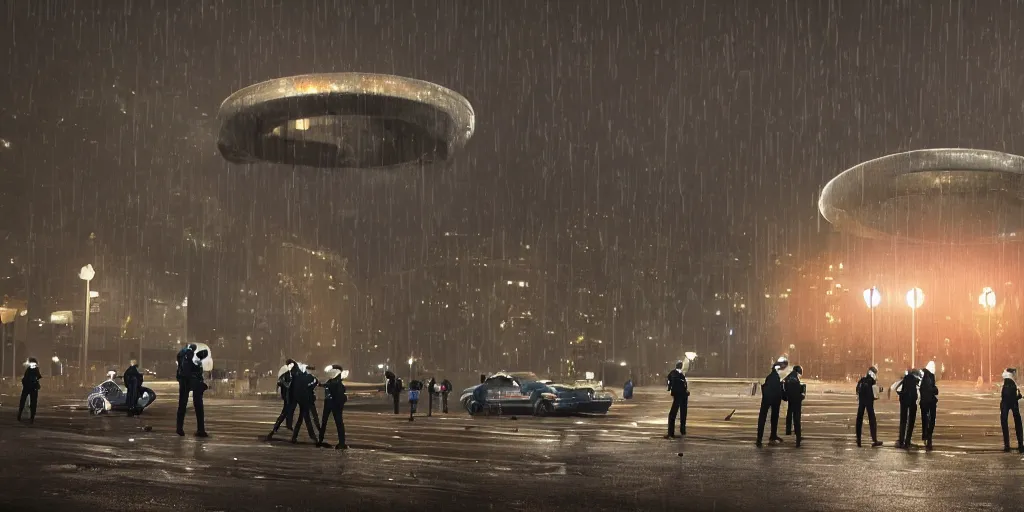 Image similar to policemen protect a huge spiral - shaped luminous object right in the center of the city from protesting people, night, rain and light fog, professional lighting, concept art in 3 d, high detail, professional lighting