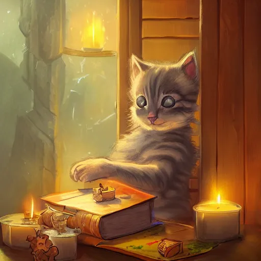 Image similar to beautiful fantasy illustration of an adorable kitten sleeping on the counter of a potion shop. candles, books. by andreas rocha and marc simonetti, trending on artstation 8k hq