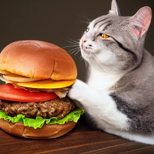 Prompt: fat cat eating a hamburger, dslr photo, high detail, high resolution