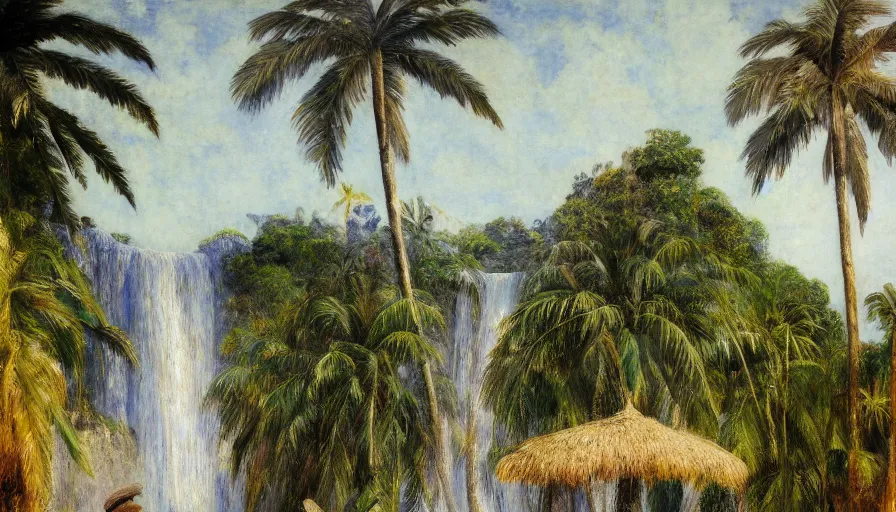 Image similar to a ultradetailed beautiful painting of the diamonds waterfall in the amazonas palace balustrade designed by jules bastien - lepage, tarsila do amaral, frank weston and gustave baumann, beach, trending on artstation, mediterranean, palm trees, sharp focus, soft light, 8 k 4 k