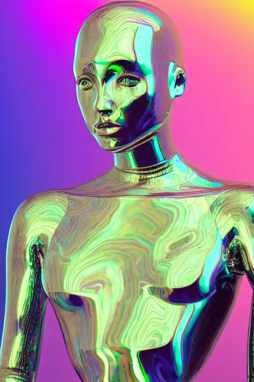 Image similar to 3d render of holographic human robotic bust made of glossy iridescent, bust, surrealistic 3d illustration of a human non-binary, non binary model, 3d model human, cryengine, made of holographic texture, holographic material, holographic rainbow, concept of cyborg and artificial intelligence