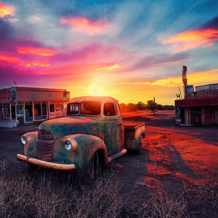 Image similar to a sunset light landscape with historical route 6 6, lots of sparkling details and sun ray ’ s, blinding backlight, smoke, volumetric lighting, colorful, octane, 3 5 mm, abandoned gas station, old rusty pickup - truck, beautiful epic colored reflections, very colorful heavenly, softlight