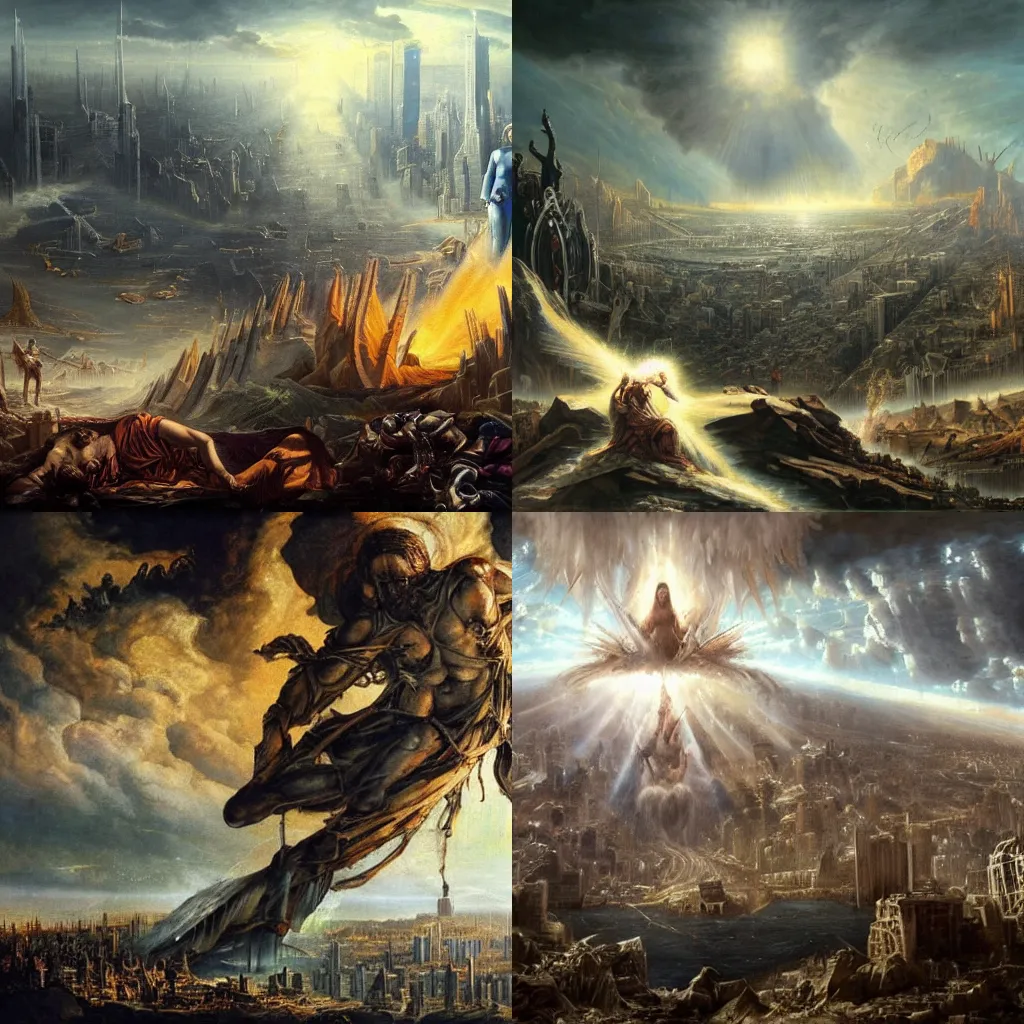 Prompt: the fall of god from the heavens on a ruined modern earth, killed by men, colossal futuristic cities in the background destroyed, apocalyptic, photorealism, highly-detailed, atmospheric