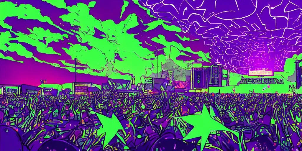 Image similar to view from stage as purple lightning strikes while rapper performs at festival, psychedelic light show, digital art, vapor wave, hip hop, trending on Artstation, professional artist, detailed, 4k