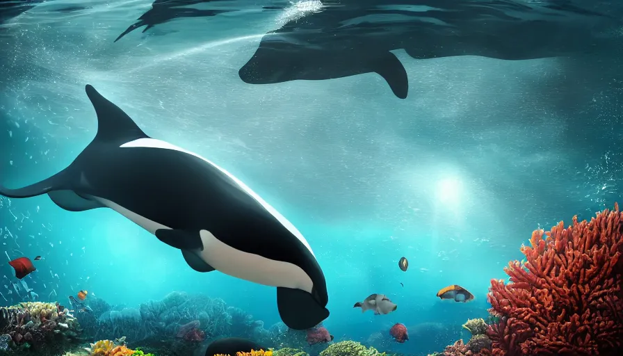 Image similar to a beautiful, noble, giant orca : 1, underwater scenery, beautiful colorful corals, african cichlids and other species of small tropical sea - life, god - rays, volumetric lighting, 8 k, digital art