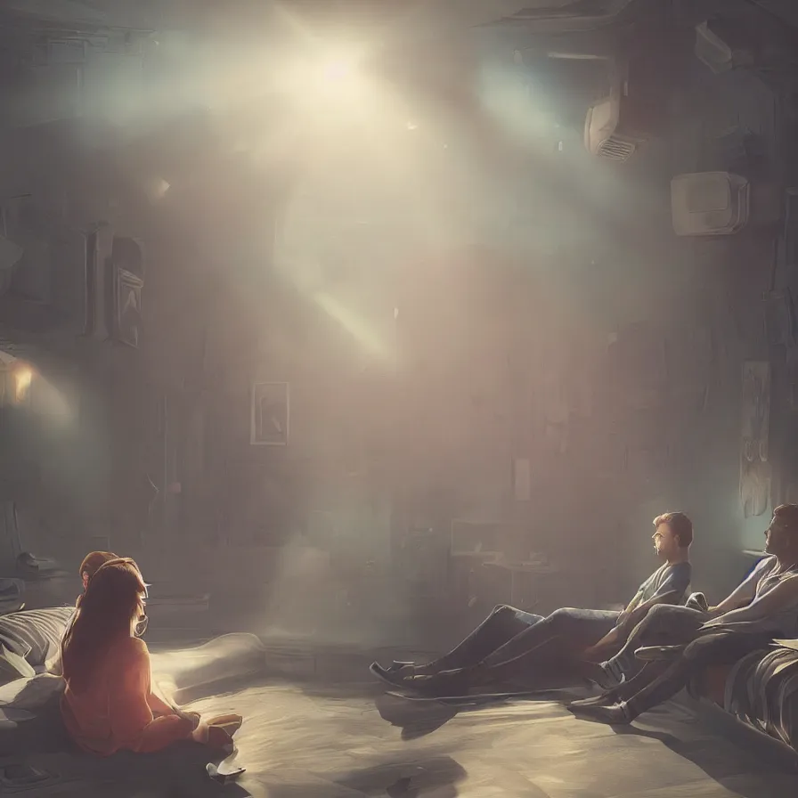 Image similar to an illustration of a couple watching a movie, moody lighting, lens flare, atmosphere, glow, detailed, intricate, full of colour, cinematic lighting, trending on artstation, 4 k, hyperrealistic, focused, extreme details, unreal engine 5, cinematic, masterpiece