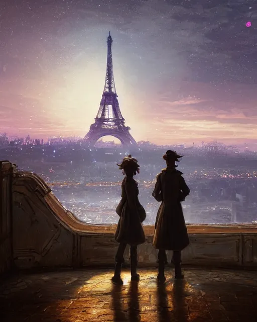 Prompt: over the shoulder landscape painting of violet evergarden, behind are distant lights from paris, eiffel tower, next to the reflecting ocean, nighttime, by Philipp A. Urlich and Pengzhen Zhang and Andreas Rocha, fantasy, intricate, elegant, highly detailed, digital painting, artstation, blender, unreal engine 5, octane render, smooth, sharp focus, illustration