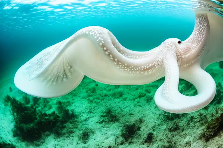 Image similar to underwater photography of a gigantic white octopus walking at the shore of the beach