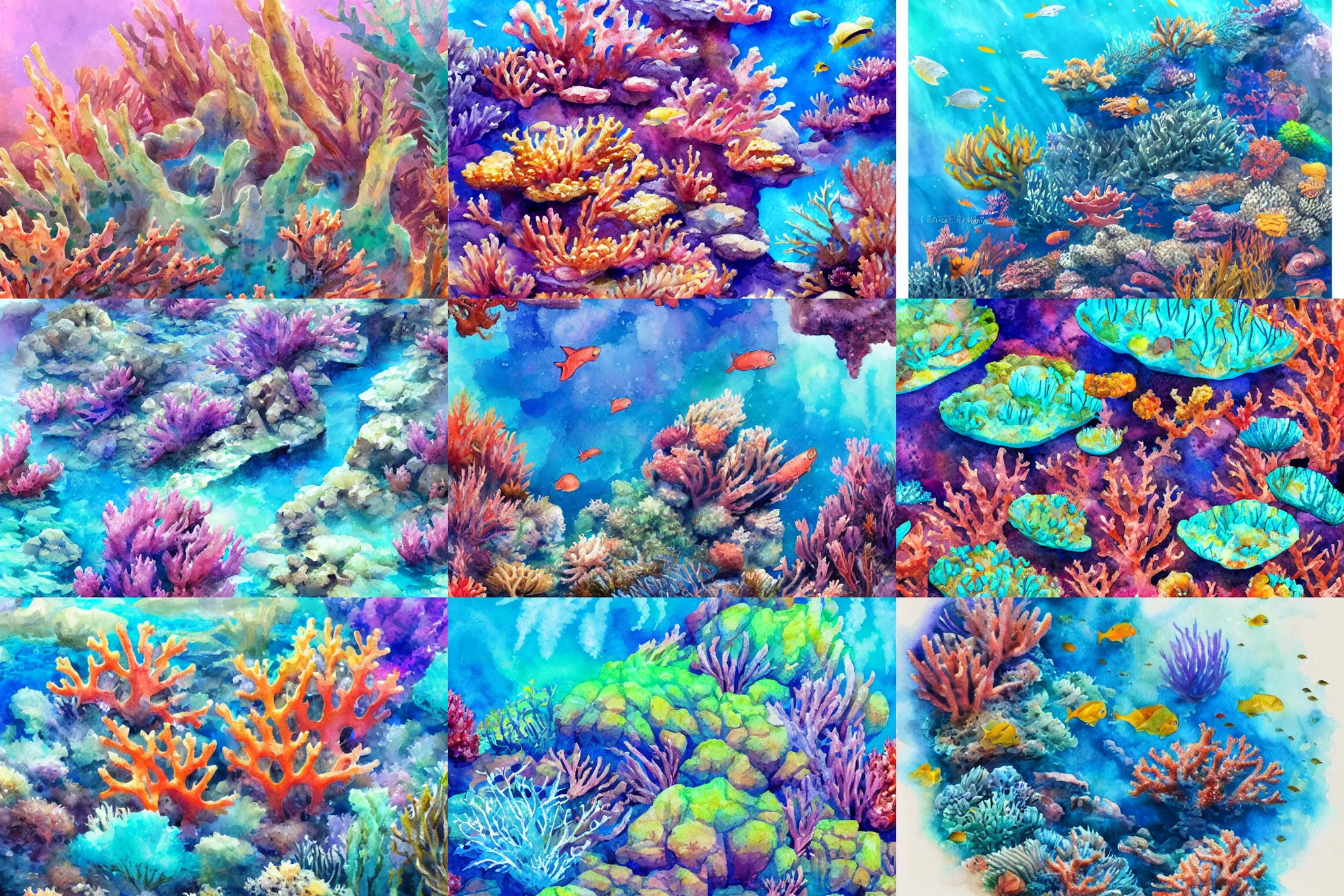 Prompt: Coral reef, high quality watercolors, award winning, trending on ArtStation