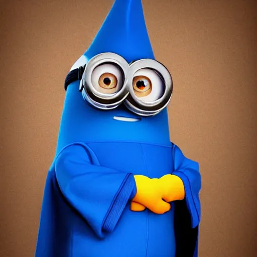 Prompt: handsome minion wearing a blue wizard robe and hat