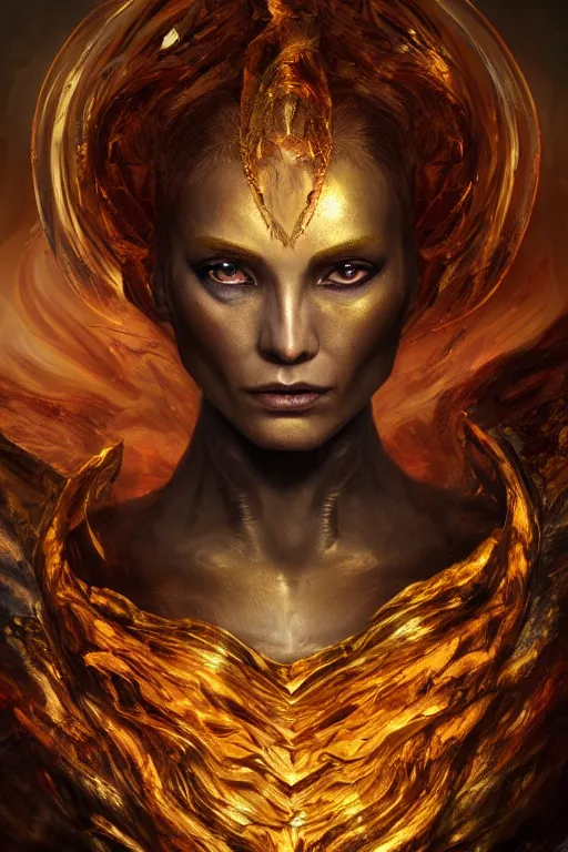 Prompt: fantasy character concept portrait, digital painting, wallpaper of a tempest cyclone goddess with skin of obsidian, with veins of magma and gold, renaissance nimbus overhead, by aleksi briclot, by laura zalenga, by alexander holllow fedosav, 8 k dop dof hdr, vibrant