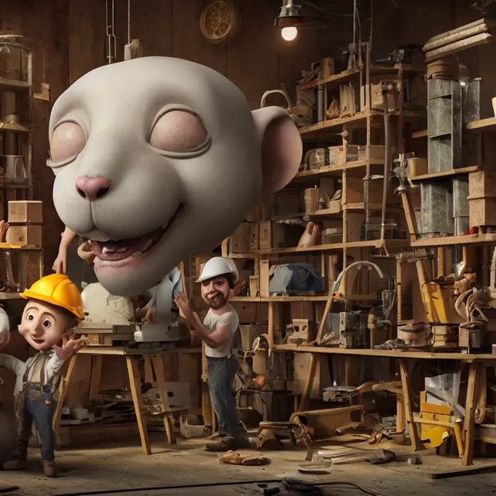 Prompt: crew of workers building giant mouse movie prop head in quaint workshop, octane render, 4 k ultra hd, hyper - detailed, realistic, seedy lighting, sharp focus, in style of beeple