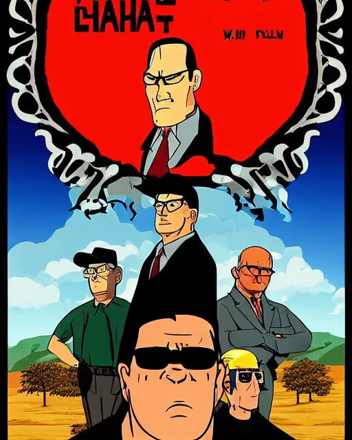 Prompt: a promotional poster for a mafia king of the hill movie, poster design, king of the hill, dramatic, dramatic lighting, pulp style poster, hank hill, dale gribble, boomhauer, bill dauterive, john redcorn, nancy gribble