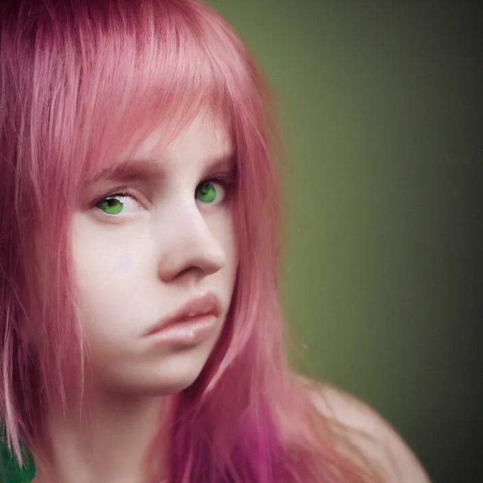 Prompt: portrait photograph of an extremely beautiful!!!! young female, Moody look on her face, natural light, wearing a crop top and jeans!! Pink hair. Green eyes. in a minecraft world looking at the camera!!. super resolution. Extremely detailed. Graflex camera!, bokeh!!!!! trending on artstation.