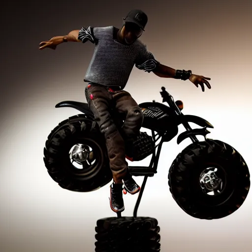 Prompt: travis scott figure standing on top of a black toy monster truck, studio lighting, white background